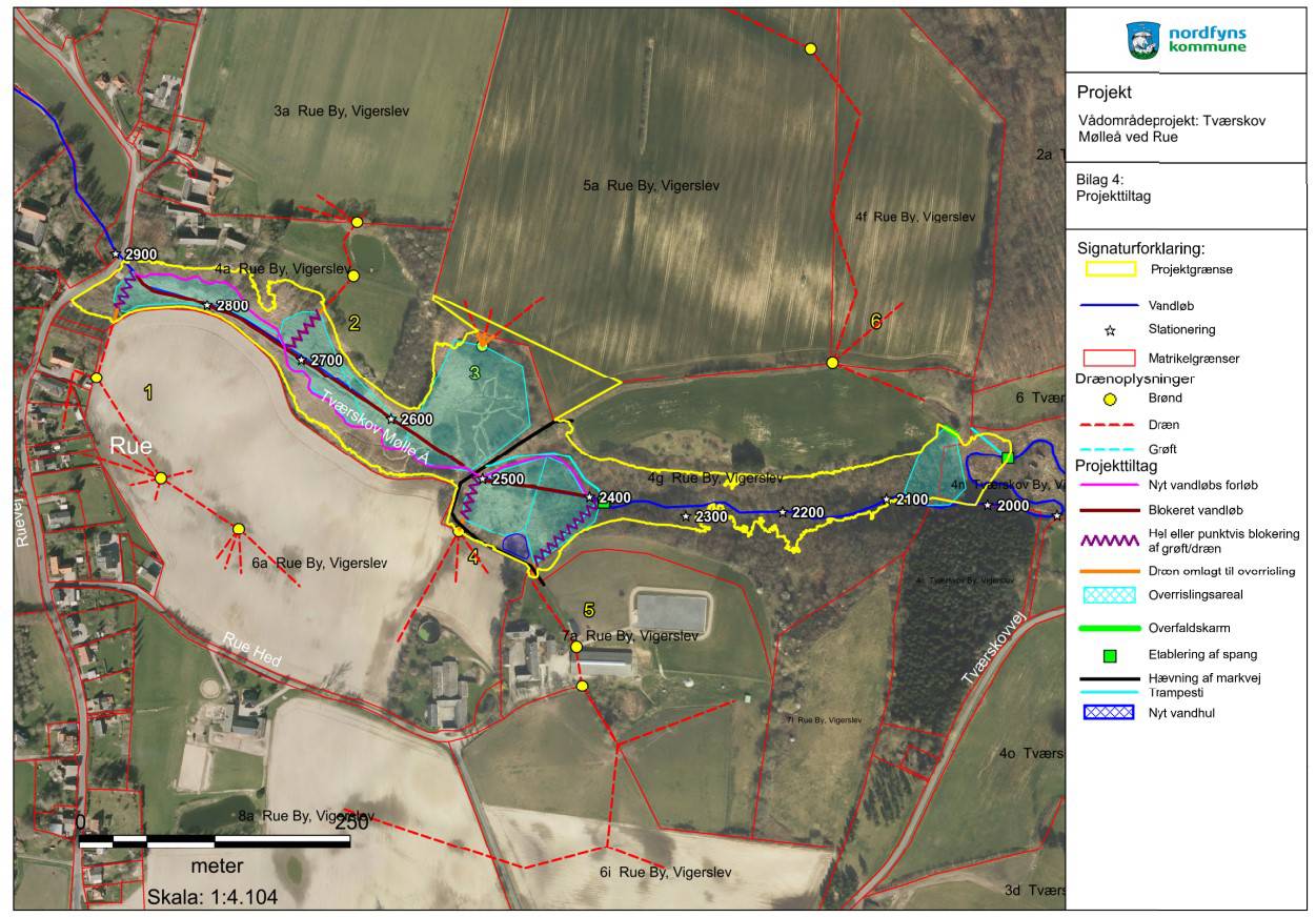 Oversigtskort med angivelse af projekttiltag i vådområdet langs Tværskov Mølleå ved Rue