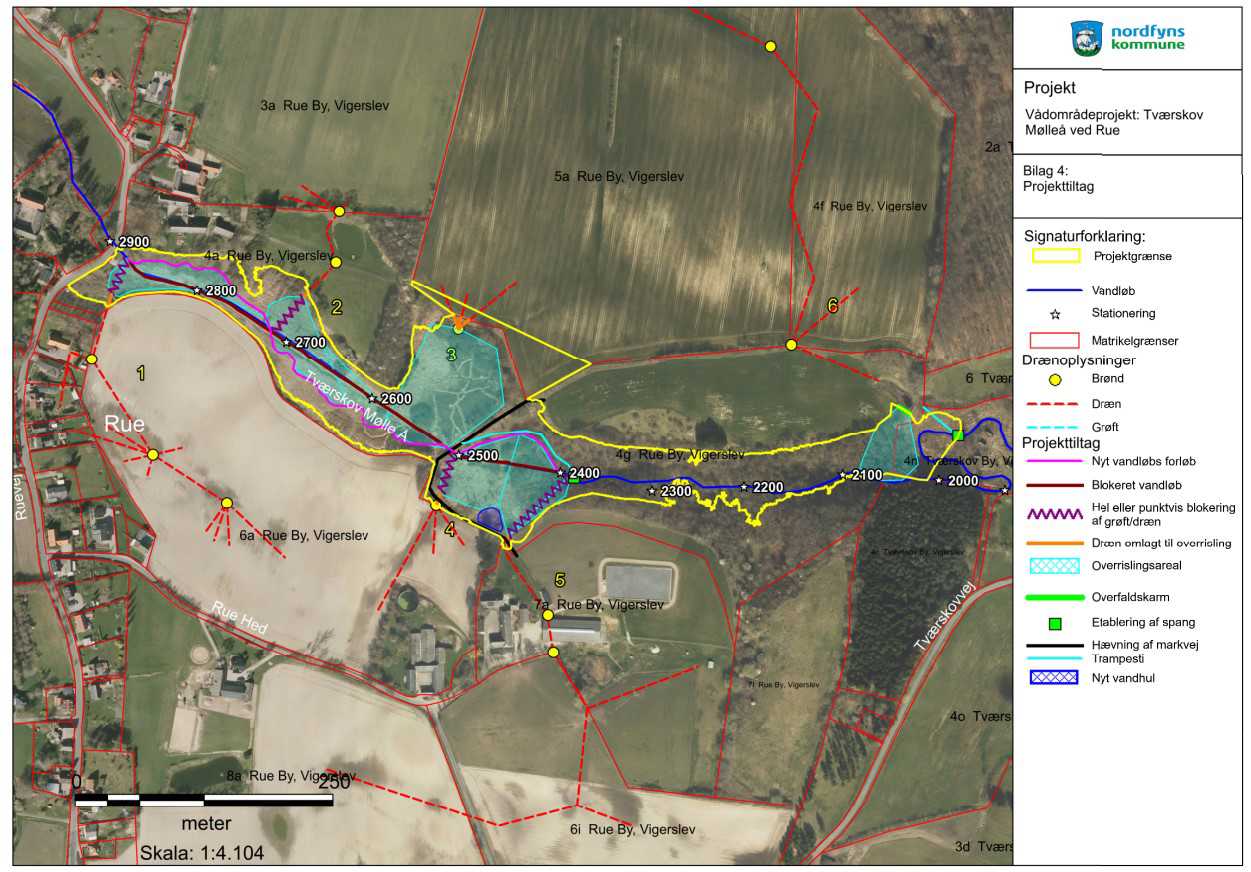Oversigtskort med angivelse af projekttiltag i vådområdet langs Tværskov Mølleå ved Rue