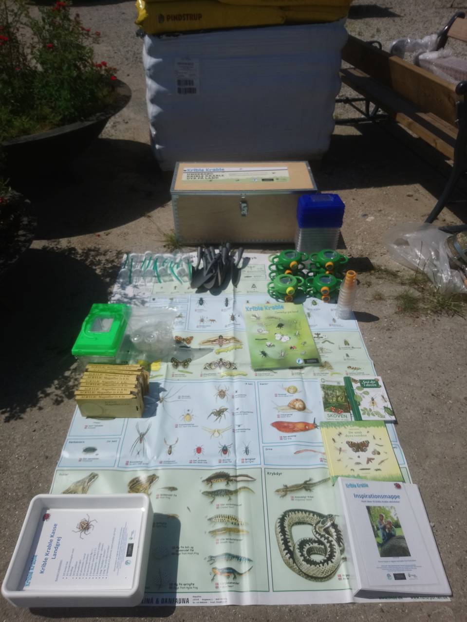 Kriblekrablekasse med med udstyr til at kigge på dyr og insekter