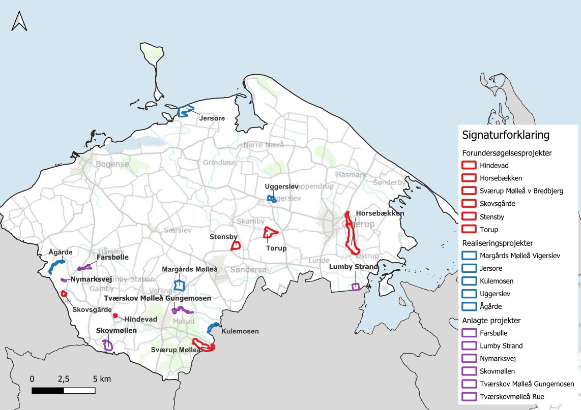 Oversigtskort med optegning af vådområde- og lavbundsindsatser i Nordfyns Kommune. Det er angivet hvilke områder, der er forundersøgelsesprojekter, realiseringsprojekter og anlagte projekter
