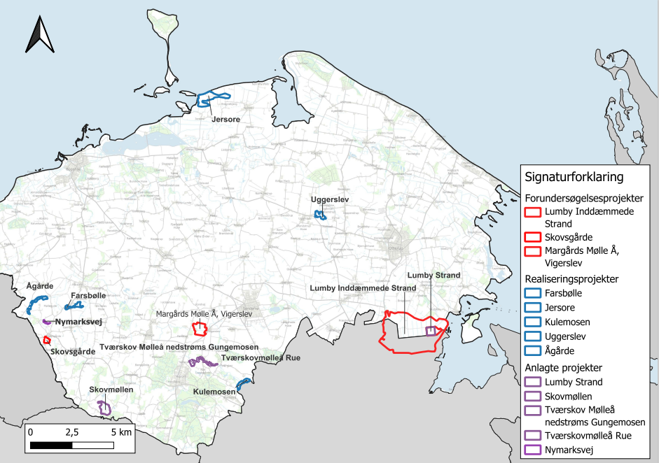 Oversigtskort med optegning af vådområde- og lavbundsindsatser i Nordfyns Kommune. Det er angivet hvilke områder, der er forundersøgelsesprojekter, realiseringsprojekter og anlagte projekter