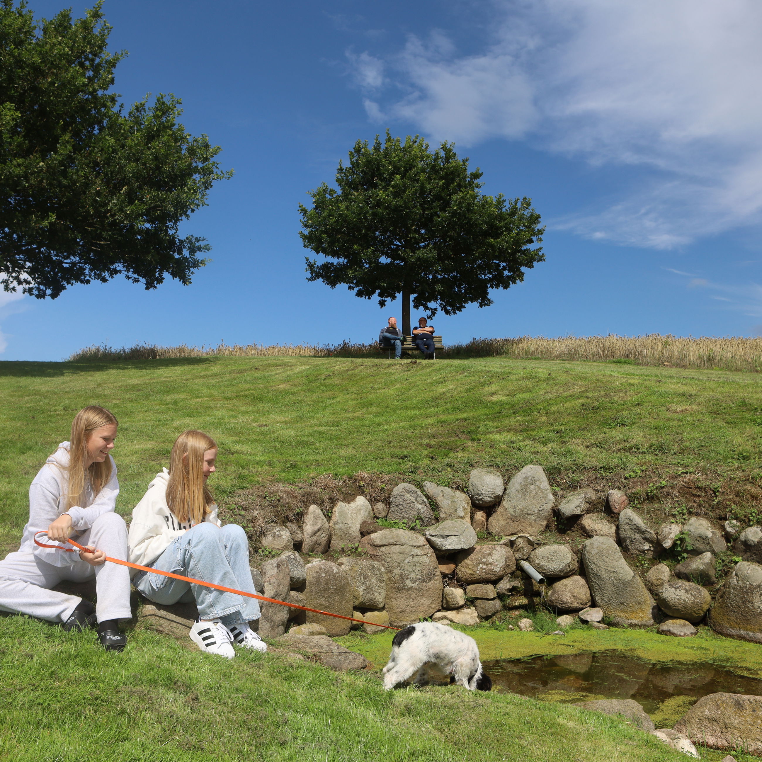 To piger med en hund på tur ved Skt. Olufs Kilde ved Klinte.