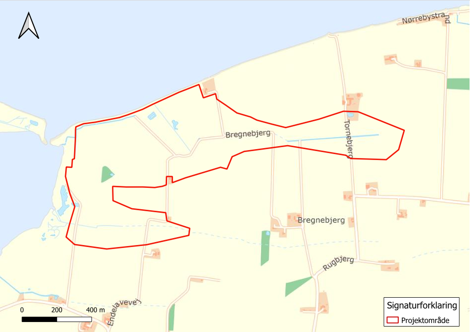 Undersøgelsesområdet for forundersøgelsen af et muligt vådområdeprojekt ved Jersore  (markeret med rødt).